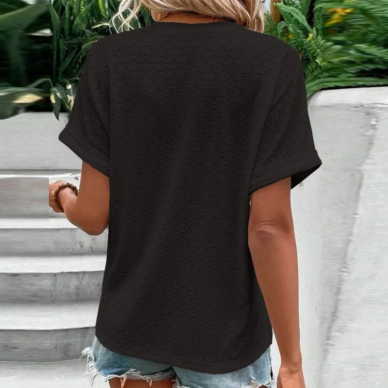 Women Casual T Shirt V Neck Top 2024 Summer Female Fashion Tops Short Sleeve Button Elegant Pullover Trendy Solid Ladies Clothes