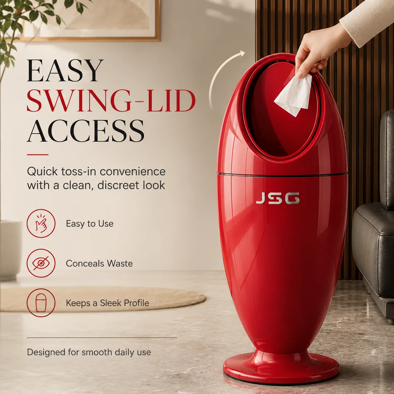 Modern sculptural-style oval high-foot pedal trash can with a widened anti-tip stable base, glossy decorative standalone bin, space-saving designer trash can, available in flame red, piano black, and pearl white, perfect for living rooms, bedrooms, office