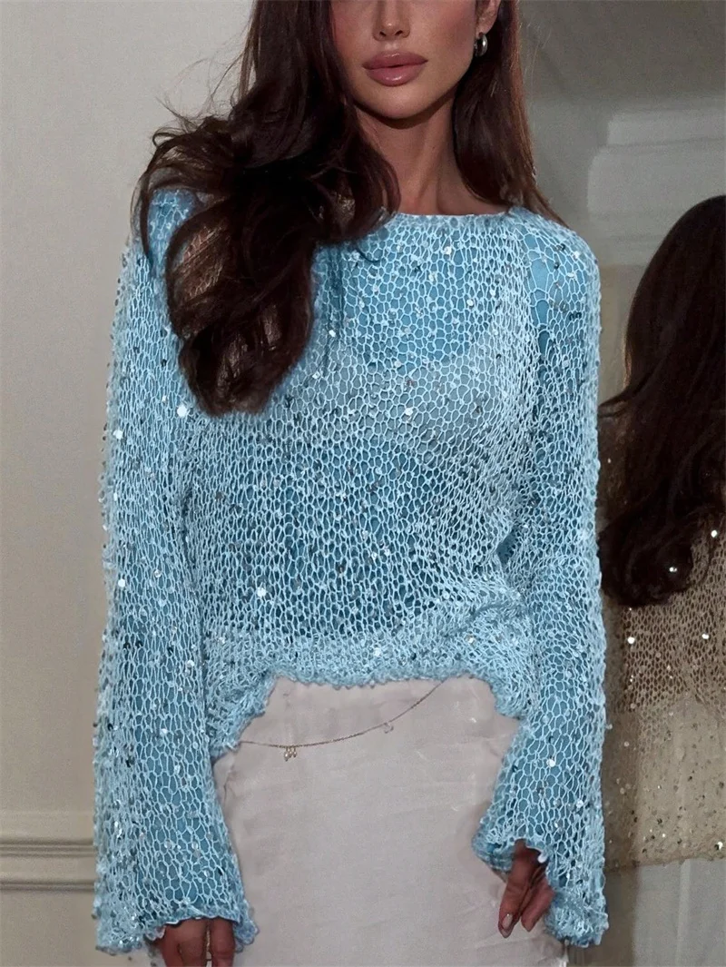 長袖セクシーな透け感のあるスパンコールニットトップブラウスシャツクロシェ水着女性用水着夏ゆったりカジュアルセータービーチカバーアップ