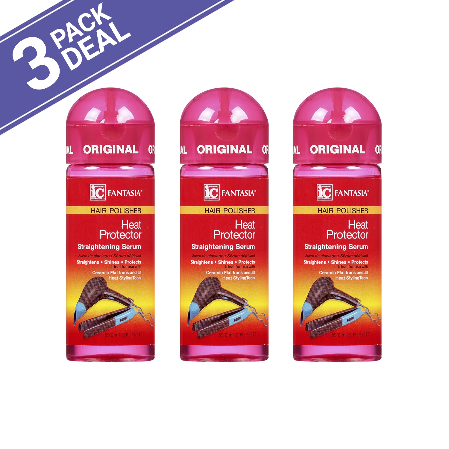 مصقل شعر فنتازيا ، واقي حرارة ، استقامة ، تنعيم وتقليص الشعر ، 2 أونصة ، أو ، صفقة سيروم 3 عبوات