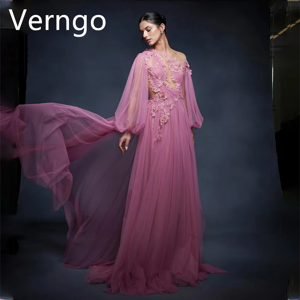 

Verngo Purple Tulle Aplique Prom Gowns For Women O Neck Full Puff Sleeves Evening Dress A Line Elegant Party Dress