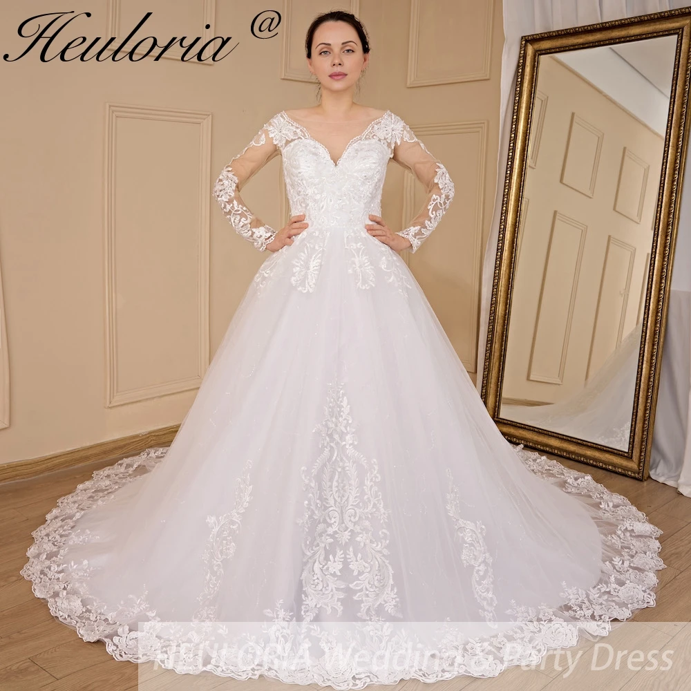 HEULORIA ball gown princess wedding dress V neck long sleeve lace beading bride dress plus size robe de mariee Wedding gown