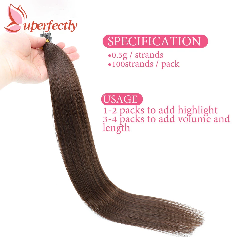 Uperfectly cápsulas rectas para uñas, extensiones de cabello humano con punta en U, cabello Natural, fusión caliente, cabello de queratina europeo preadherido, 12 "-26"