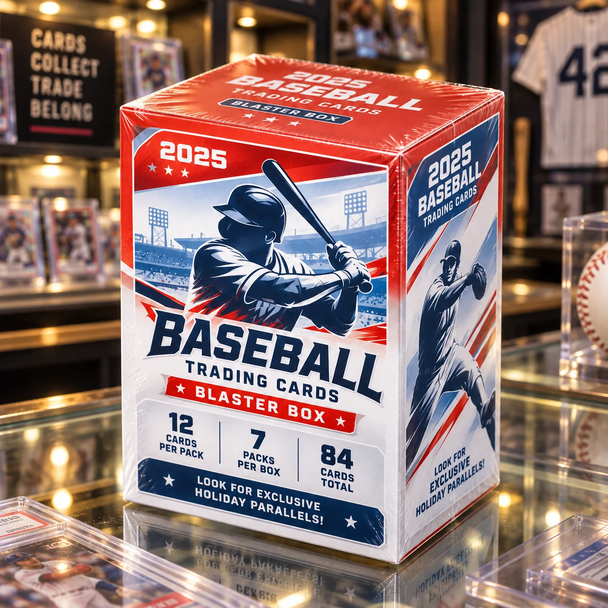 2025 Baseball Trading Card Blaster Box, Factory Sealed Baseball Card Box with 84 Cards, 7 Packs with 12 Cards Per Pack, Includes Holiday Style Parallel Cards, Collectible Sports Cards for Baseball Fans and Collectors