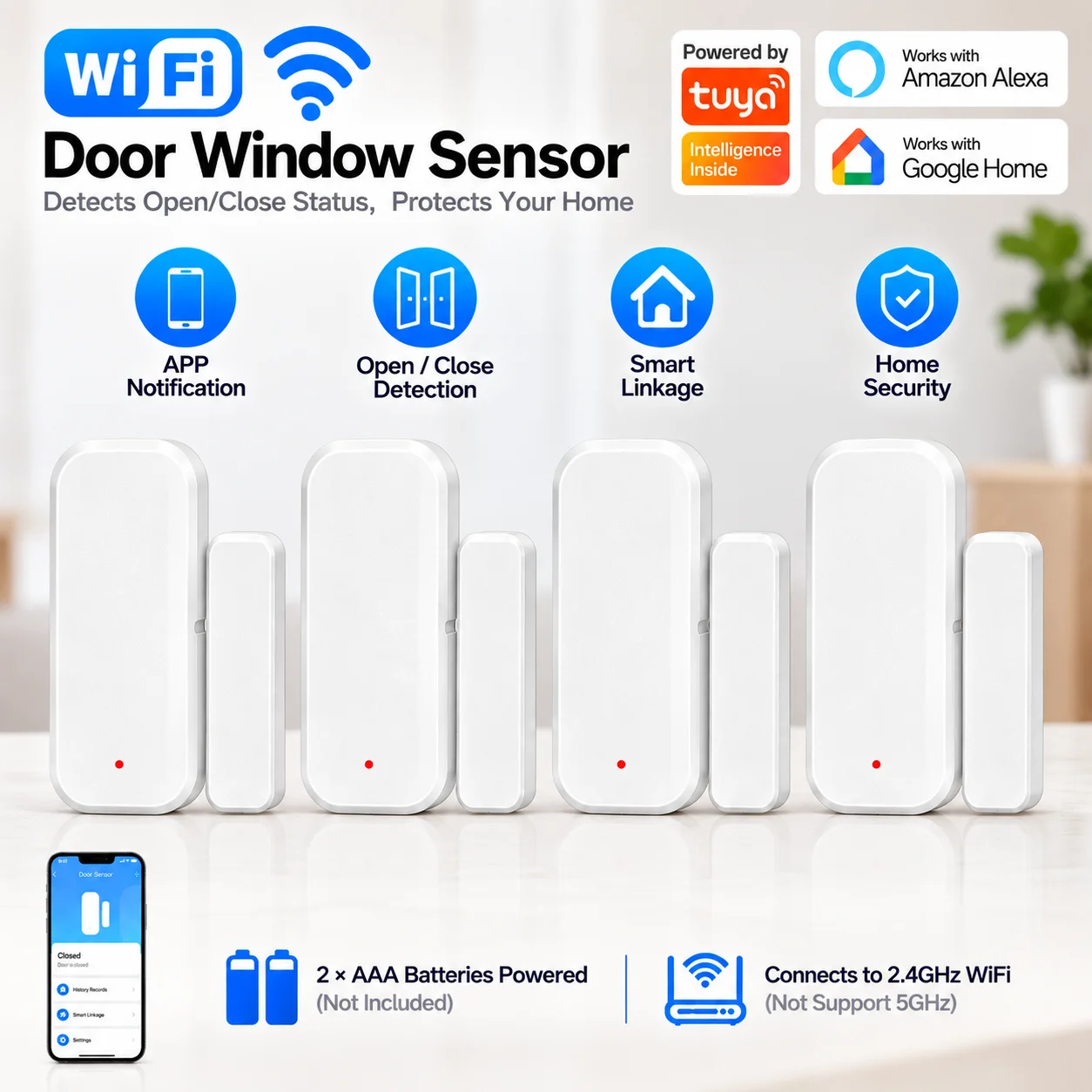 WiFi Smart Door Sensor Door Open Closed Detectors Smart Home Security Protection Door Alarm System work with tuya APP Control