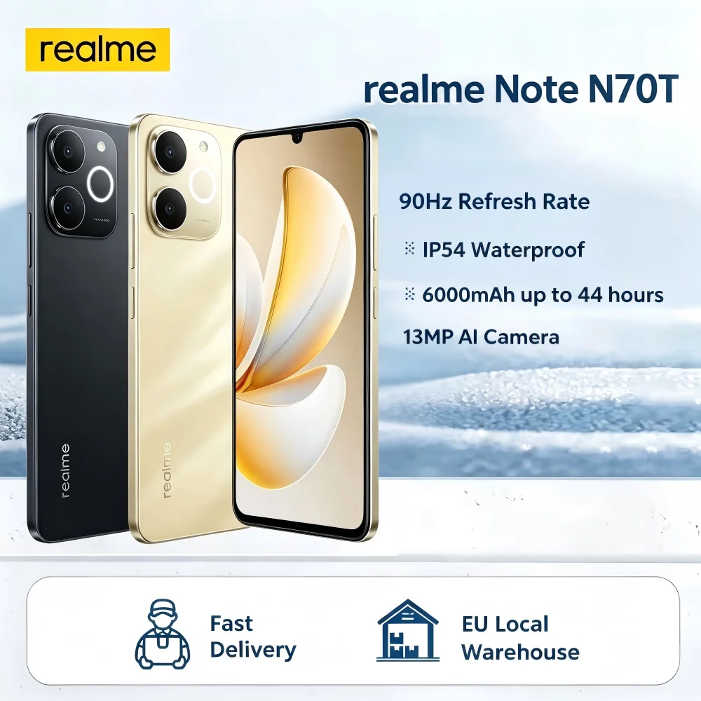 Smartphone Realme Note N70T AI, écran 6,75 pouces 90 Hz, version globale, batterie 6000 mAh, appareil photo IA 13 MP, processeur Octa Core, IP54 Smartphone Realme Note N70T AI, écran 6,75 pouces 90 Hz, version globale, batterie 6000 mAh, appareil photo IA 13 MP, processeur Octa Core, IP54