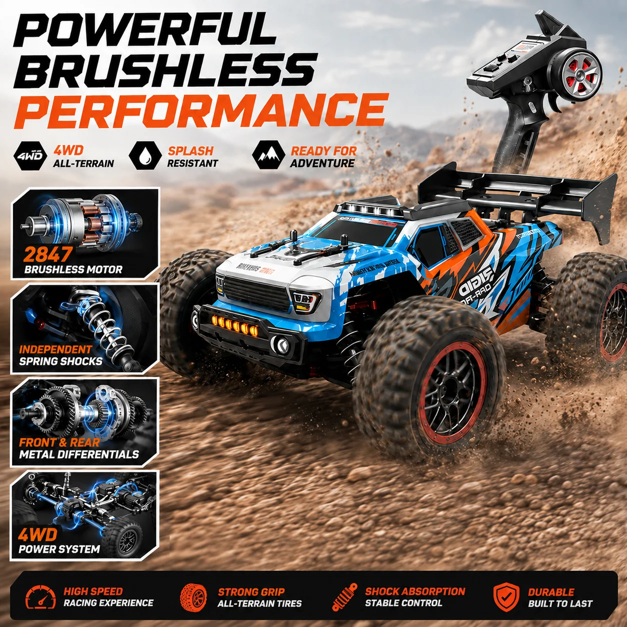 Samochód terenowy RC 4WD w skali 1:16, wyposażony w bezszczotkowy silnik 2847, regulator ESC 35A, metalowy mechanizm różnicowy, wałek typu „dog bone”, kontroler 2,4 GHz z zasięgiem 300 m oraz