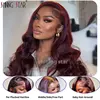 Perruque Lace Frontal 13x4 « Wear and Go » sans colle, cheveux naturels, texture ondulée (Body Wave), couleur bordeaux ; perruque Lace Closure 13x6 sans colle, prête à porter.