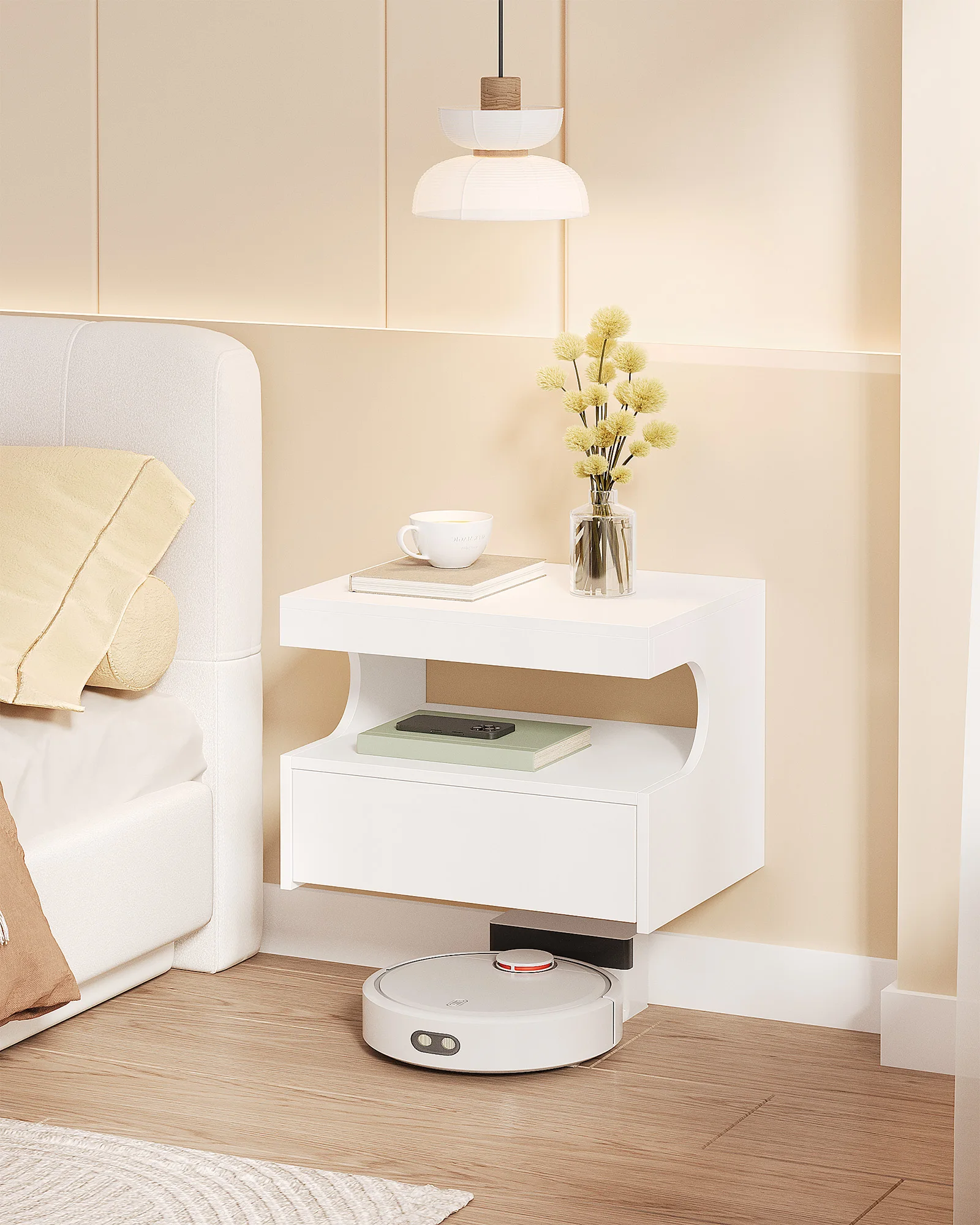1 Mesa de Noche Colgante, Estante de Pared con Cajón, 1 Cajón con Rieles, Estante Flotante de Pared, Moderno, para Dormitorio, Sala de Estar
