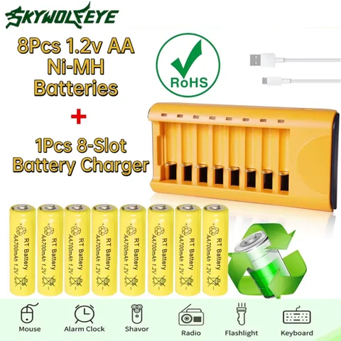 Skywolfeye 4/8Pcs AA Ni-MH Battery 1.2V Rechargable Batteries 700mAh with Battery Charger for Toy Mice, Electronic Scales