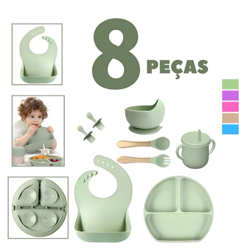 Kit 8 peças de talheres de silicone para bebês e crianças