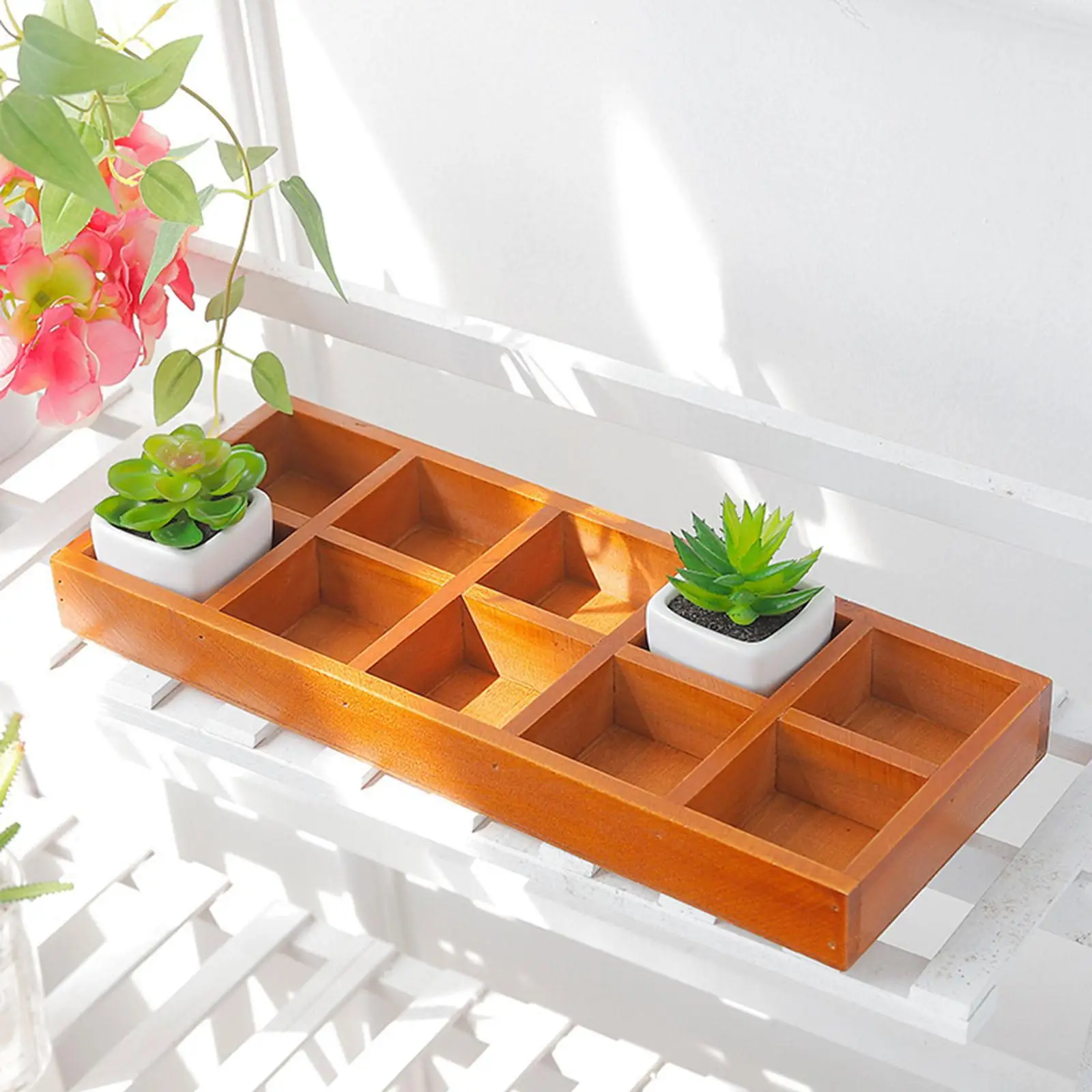 

Wooden Storage Divider Box Tabletop Organization Rustic Multipurpose Compartment Tray for Mini Flowerpots Collectibles Trinkets