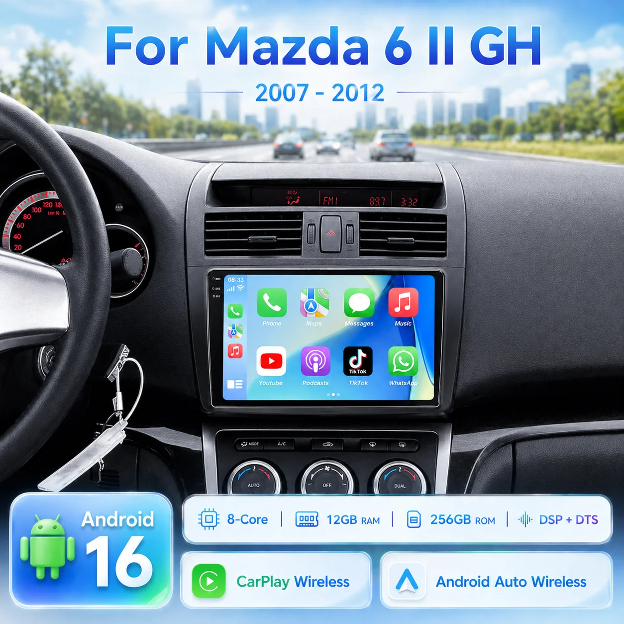 Android 16 Car radio for Mazda 6 GH 2007 2008 2009 2010 2011 2012 Wireless CarPlay Auto Radio Multimedia GPS 4G WIFI