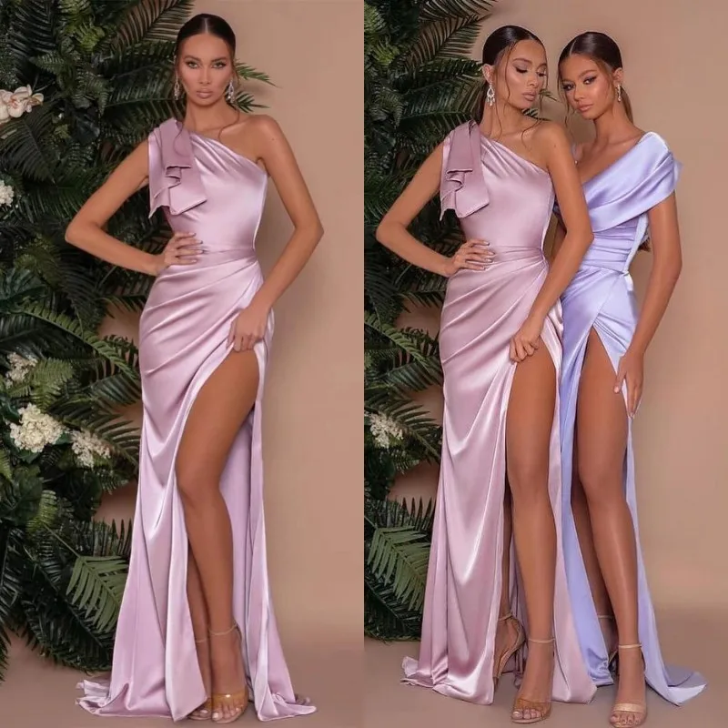 

One Shoulder Satin Mermaid Satin Prom Dress Long Split Wedding Reception Gowns Evening Dresses for Women 2024 Pleated Party Gown