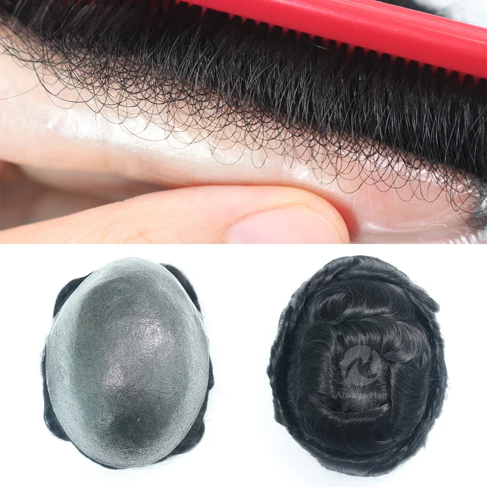 Onzichtbare Haarlijn Haar Systeem Unit Voor Mannen 0.03-0.04Mm Super Dunne Base Toupee Indian Human Hair Mens 'Topper pruik - afbeelding 2