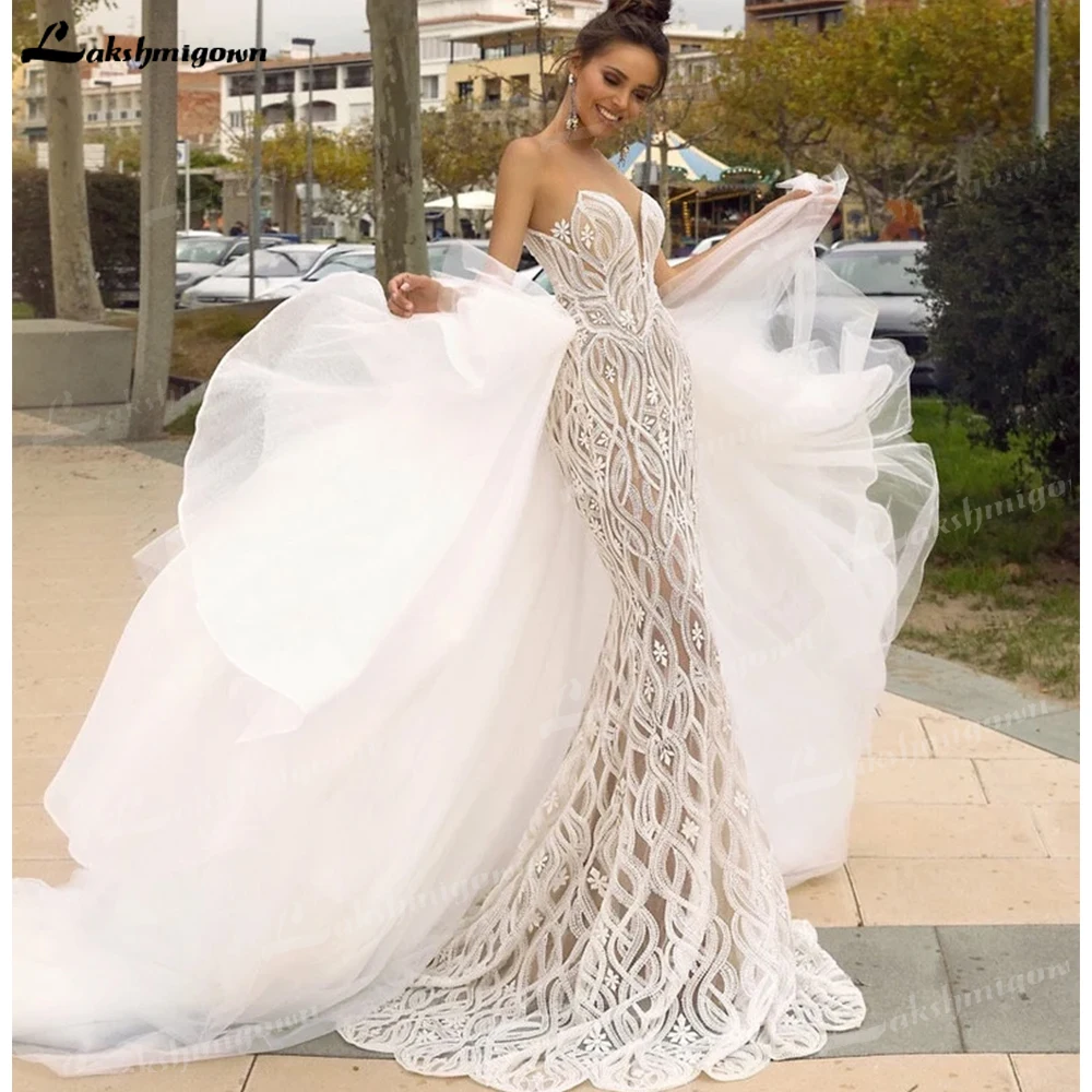 Vestido de novia de sirena 2 en 1 sin tirantes, impresionante y Sexy, con tren desmontable, elegante, de encaje