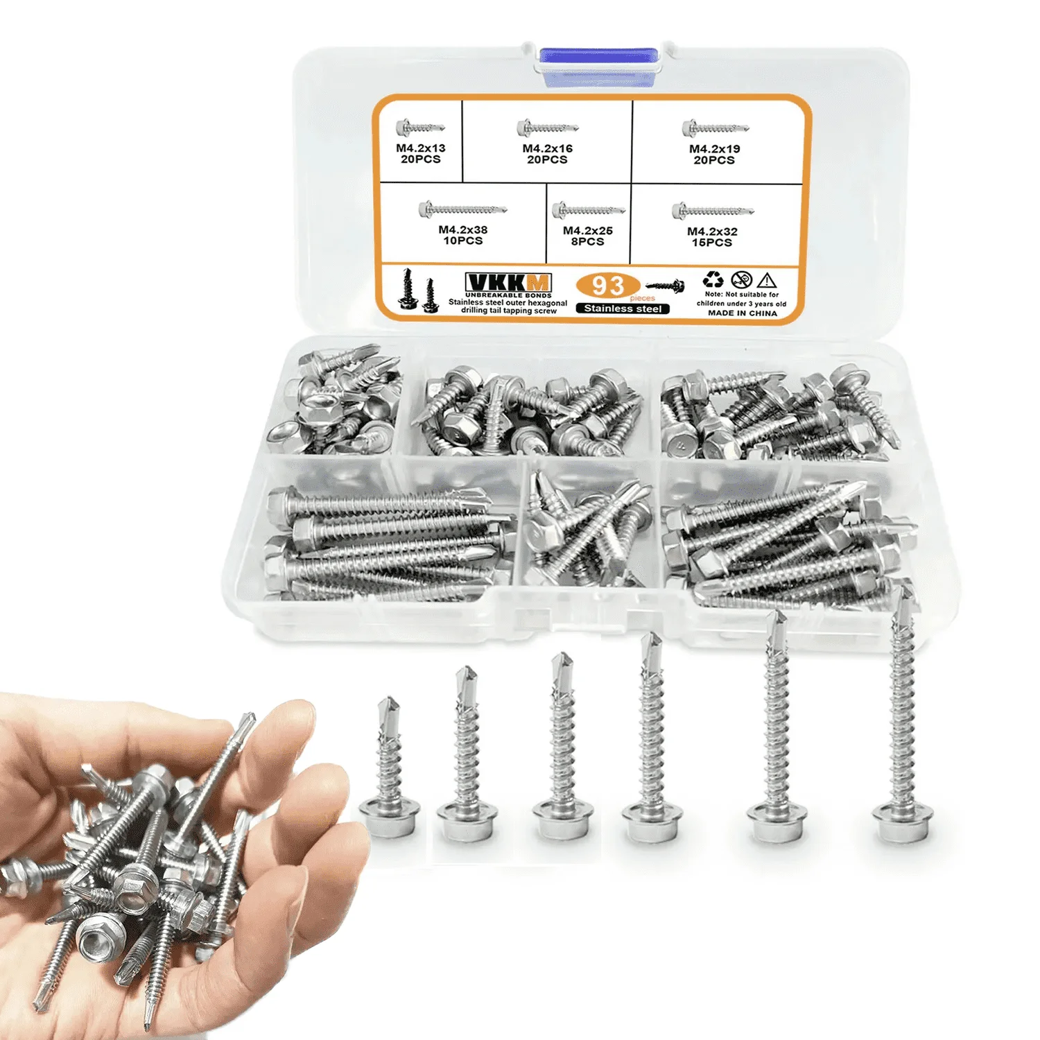 VKKM 410 Stainless Steel Hex Flange Self-Drilling Screw Mix Kit, #8 Roofing Self Drilling Screws for Metal Sheets, Metal Wall Panels and Roof Installation, 93 PCS