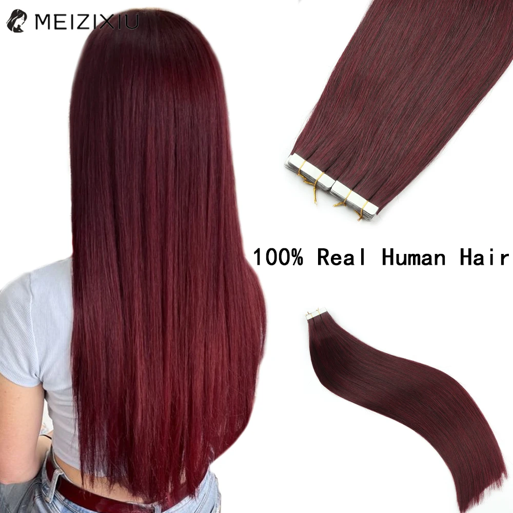 Fita 99j em extensões de cabelo 100% remy cabelo sedoso em linha reta fita sem emenda em extensões de cabelo humano para mulher 24 Polegada 20 pçs borgonha