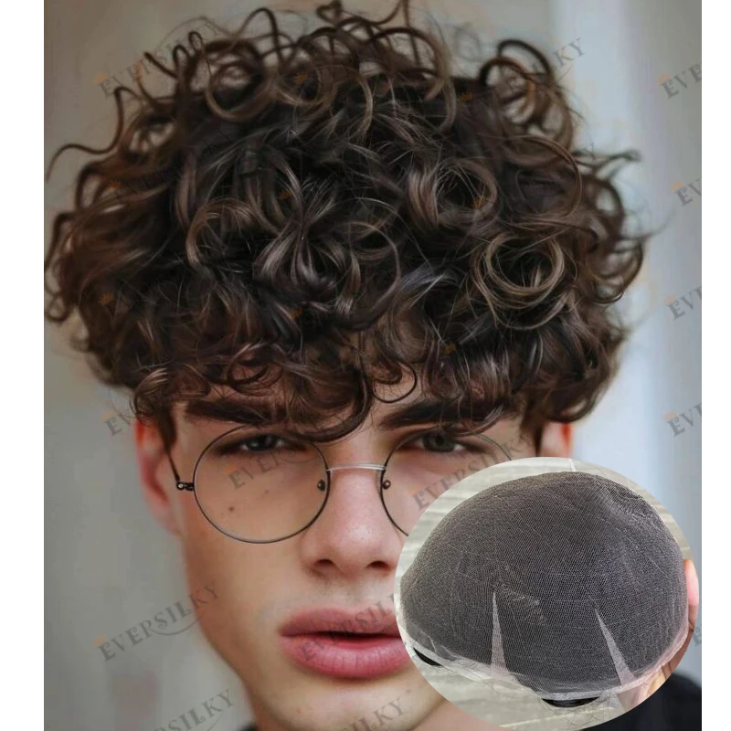 Super Breathable 25mm Curly Human Hair European Men 120Density Full Swiss Lace Base Toupee Durable Bleached Knots ManHair System