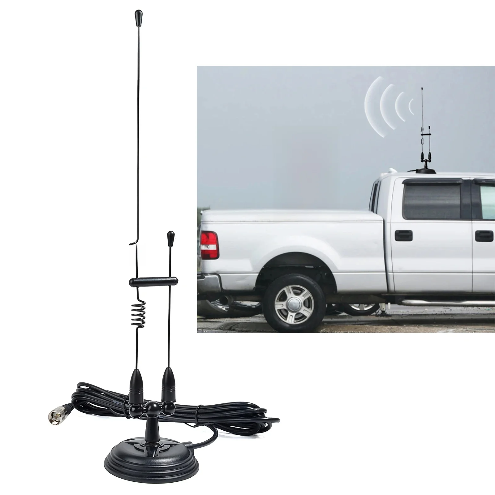 Dwuzakresowa antena mobilna z podstawą magnetyczną, 2 m 70 cm VHF/UHF Antena pojazdowa z kablem koncentrycznym RG58 o długości 13 stóp i uchwytem magnetycznym 3,5 cala — zdjęcie 2