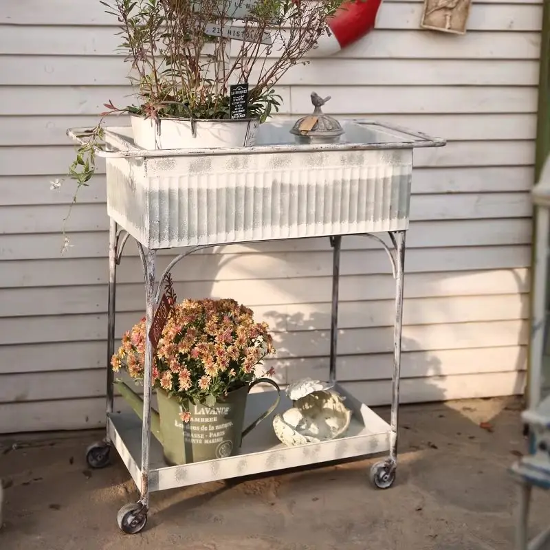 Vintage Metal Raised Planter Box with Wheels, Mobile Garden Bed, Rustic Outdoor Balcony Herb Flower Stand