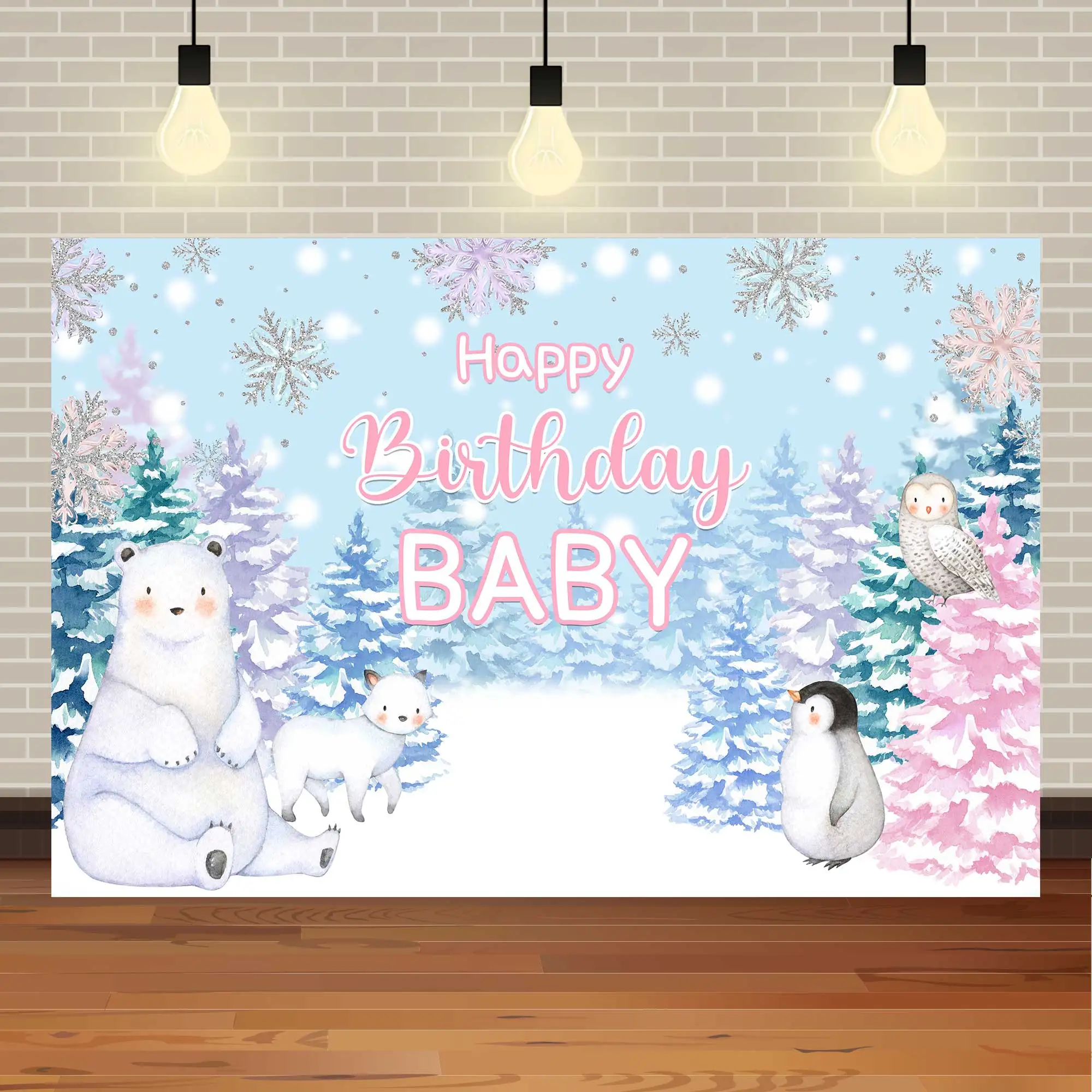 นีโอแบ็กฤดูหนาวสัตว์อาร์กติกเกล็ดหิมะหมีขั้วโลกเพนกวินถ่ายภาพวันเกิดสำหรับเด็กพื้นหลังอาบน้ำทารก