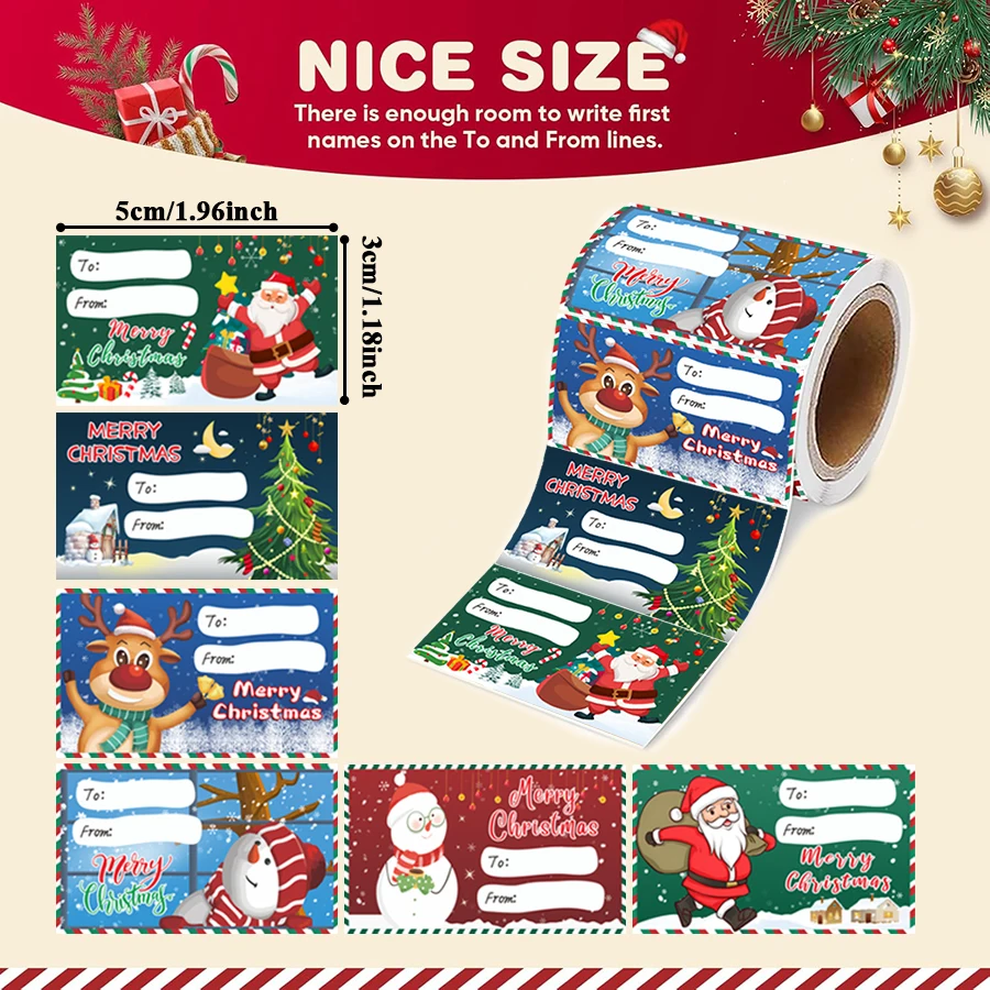 500 ชิ้นสติกเกอร์ป้ายของขวัญคริสต์มาสรูปม้วน, ป้ายชื่อแบบมีกาวในตัวสำหรับของขวัญ, กระเป๋า, กล่อง, กระดาษห่อของขวัญ