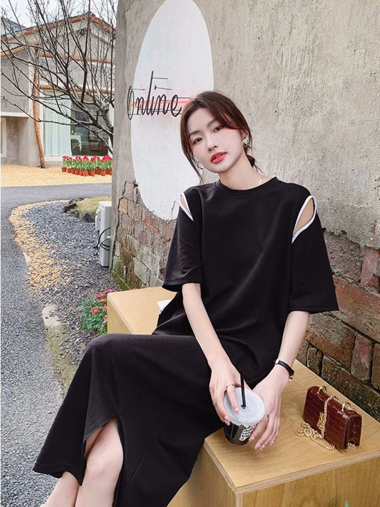 Women's Vintage O-Neck Short Sleeve T-Shirt Dress, Elegant Hollow Out Female Clothing, Medium Length, Loose, Fashion, 2024