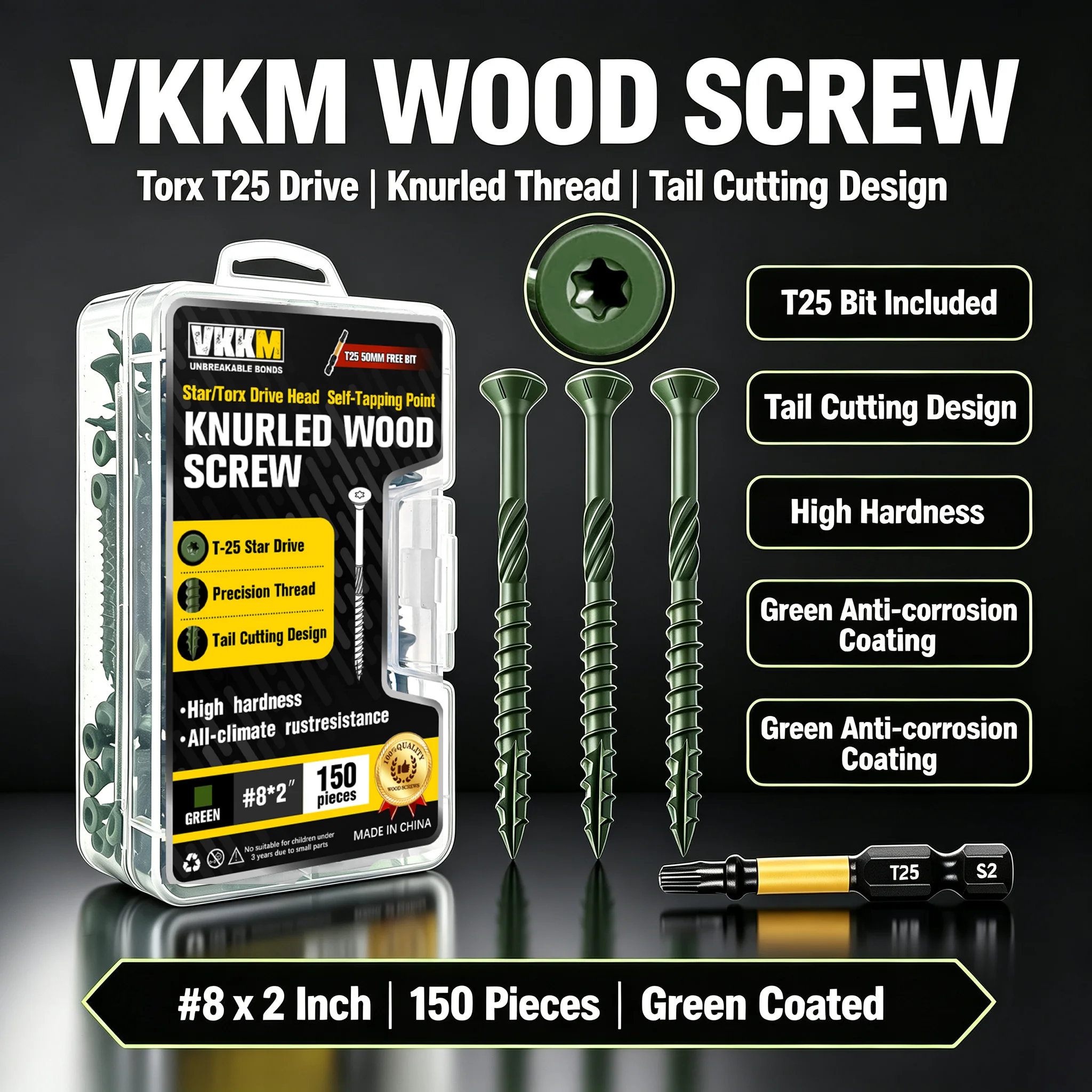 VKKM #8 x 2 Inch Green Knurled Wood Screws 150PCS Torx T25 Tail Cutting Self Tapping Screws Kit with T25 Bit for Outdoor Garden Wood Construction