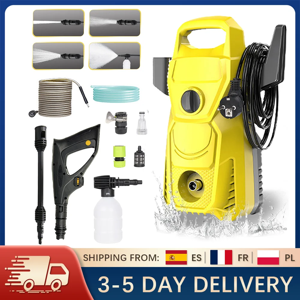 Elektromos nagynyomású mosó 220V, 1500W, 135bar, 5.60 l/perc, 10m vízcső, állítható nyomású fúvóka autó, otthoni kert tisztításához