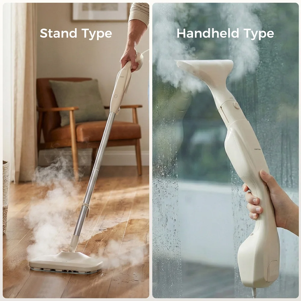 1200W Steam Mop Handheld/Stand with 3-Bar 135°C Sanitize Floors Windows Kitchen, 5 Attachments 25s Heat, 6m Cord 113m², White