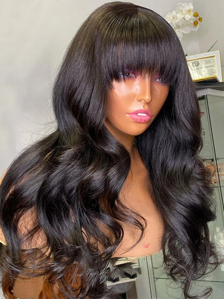 

Vietnamese Hair Wig Double Drawn Glueless Wear and Go Human Hair Wig With Bang Mongolian Fringe Body Wave 4x6 Lace Closure Wigs