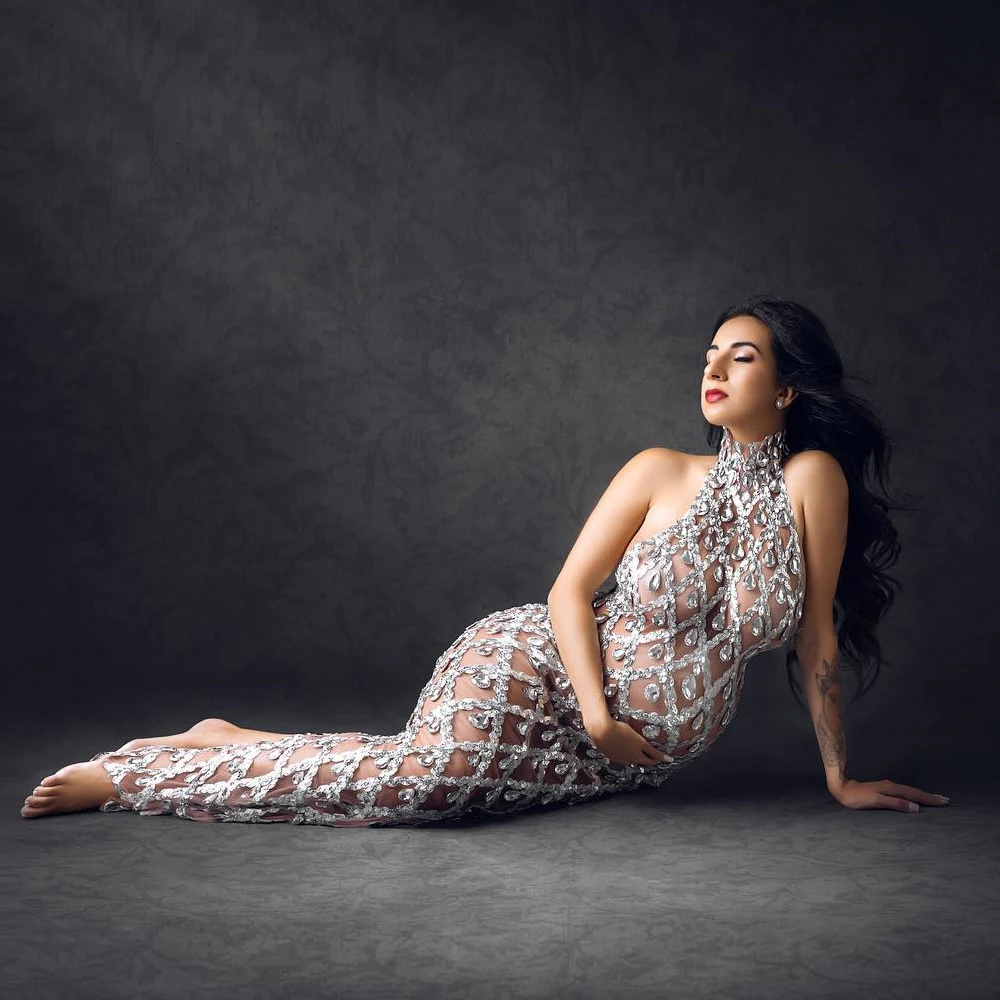 Maternity Photography Sexy Shiny Goddess Bodysuit Rhinestone Maternity Dress For Photo Shoot Plus Size Senior Pregnant