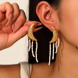 Natural Pearl Tassels Earrings High Quality 24K Gold Plated Crescent Moon Drop Earrings Statement Earrings for Women Gift