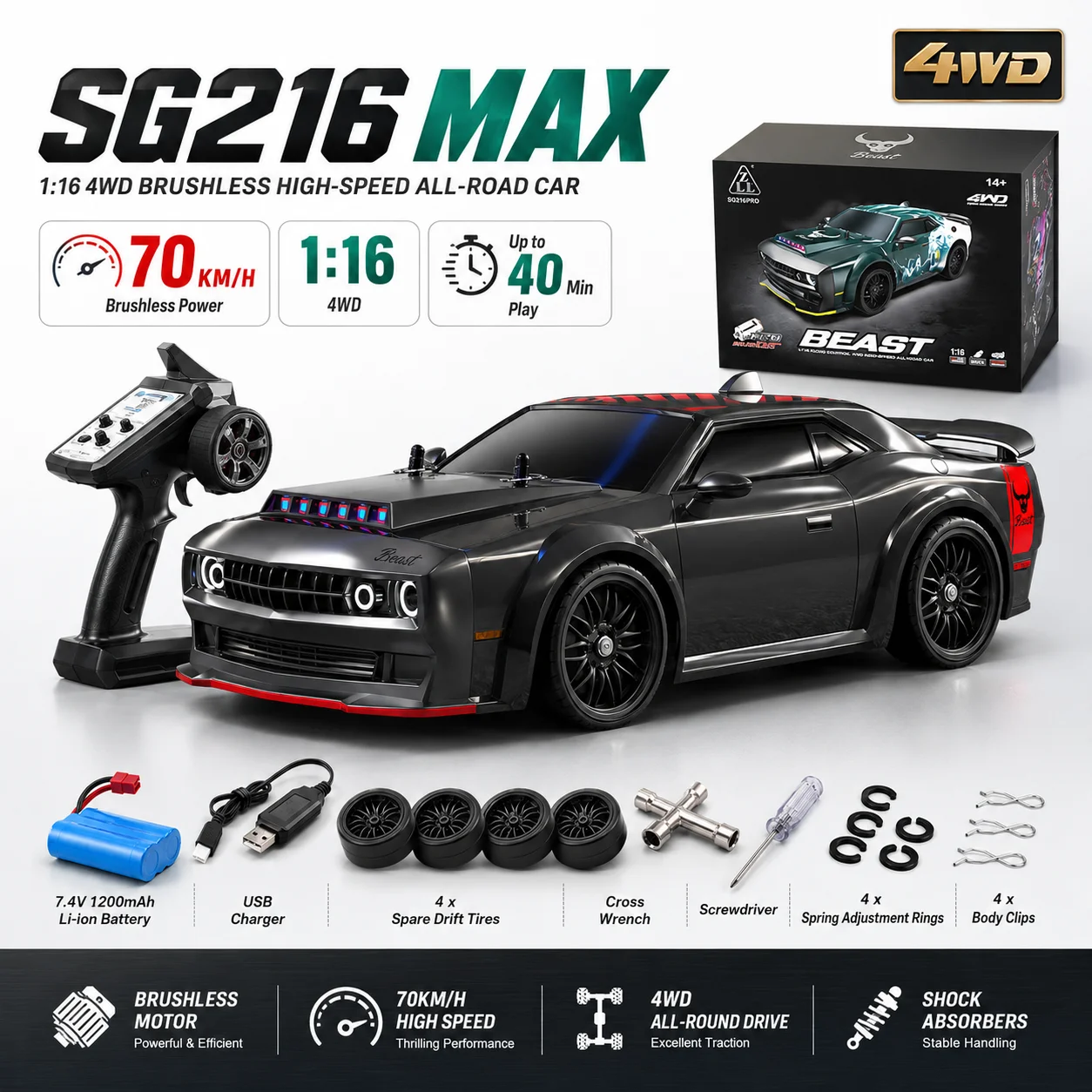 1:16 4WD Bürstenloser RC Drift Wagen 70 km/h Metall-Differential LED Angel Eye Blinker 2,4G Vollmaßstab-Fernsteuerung 40 Min. Offroad-Hobby-Spielzeug
