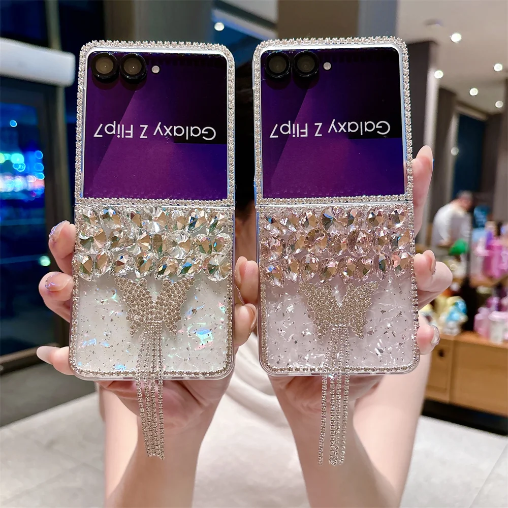 

Luxury Diamond Gemstone Butterfly Tassel Phone case for Samsung Galaxy Z Flip3 5G 4 5 6 7 Flip6 Flip5 Flip7 Cover Cute Fundas
