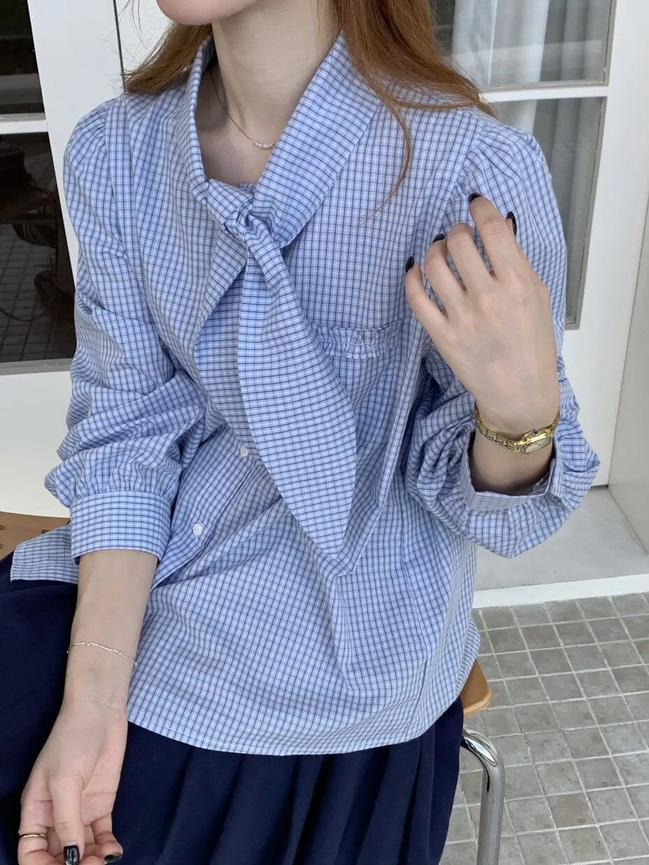 

Women's Blue Checked Scarf Collar Black Earrings Spliced ​​Shirt Y2k Korean Harajuku Office Girl Style Long-Sleeved Shirt Top