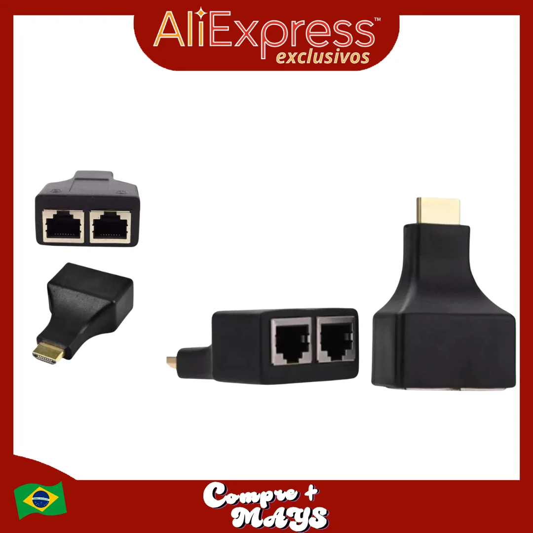 Adaptador Extensor HDMI 3D até 30 Metros com 2 Cabos de Rede RJ45 Cat5e/6 Alta Definição para Projetores TVs e Sistemas de Home