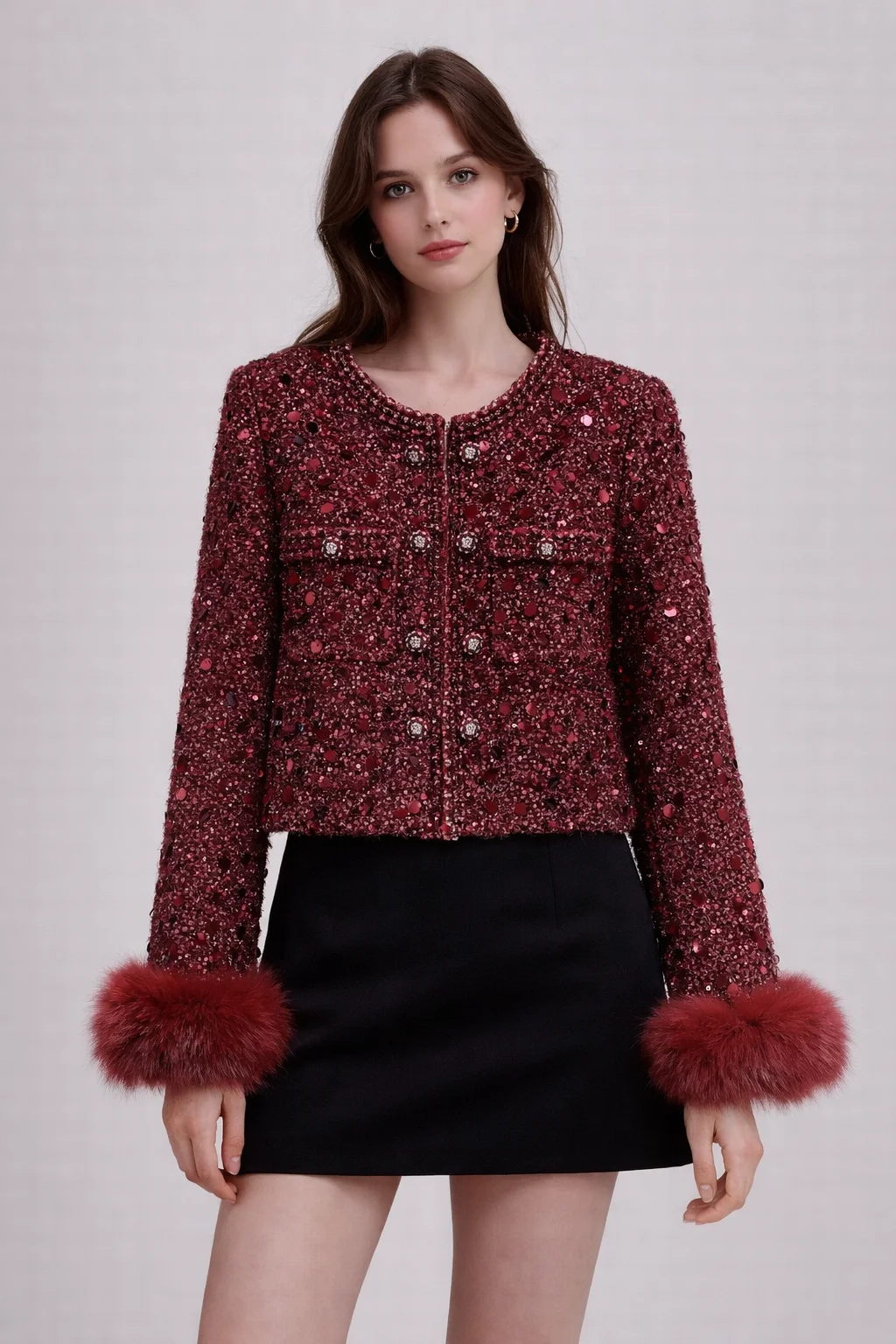 

Блестящая красная твидовая куртка с пайетками для женщин, зимнее роскошное укороченное пальто с длинными рукавами, круглым вырезом и манжетами из искусственного меха, элегантная женская верхняя одежда