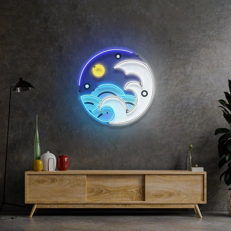 Fantastic Night Sky Neon Sign Good Night Moon Neon Bedroom Game Room Wall Art Hanging Kids Baby Dimmable UV Print Neon Sea Sign