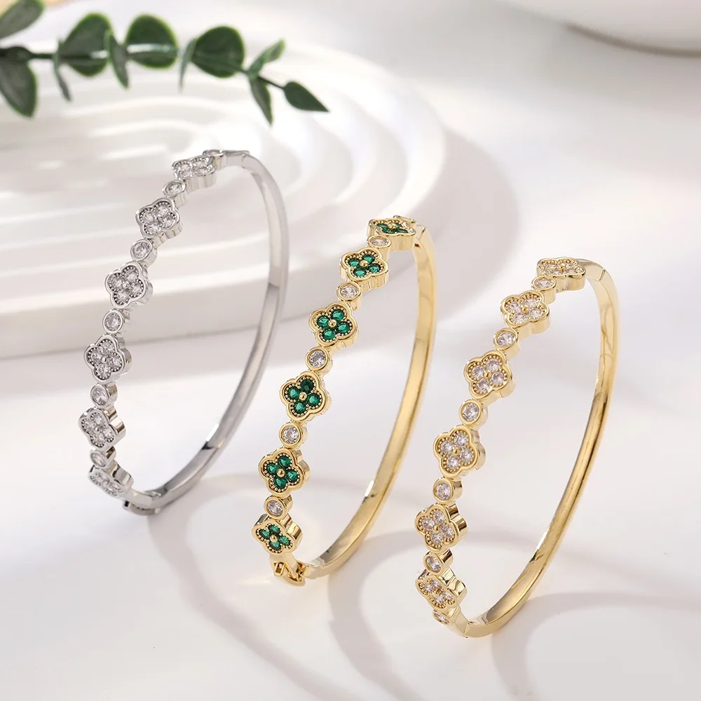 

Luxury Flower Bangle Bracelet for Women – 18K Gold/Silver Plated Cuff with Crystal & Green Zircon