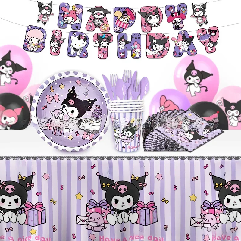 Dessin animé Kuromi vaisselle jetable numérique nappe assiette en papier tasse d'eau dessin animé décoration d'anniversaire aménagement de scène de fête