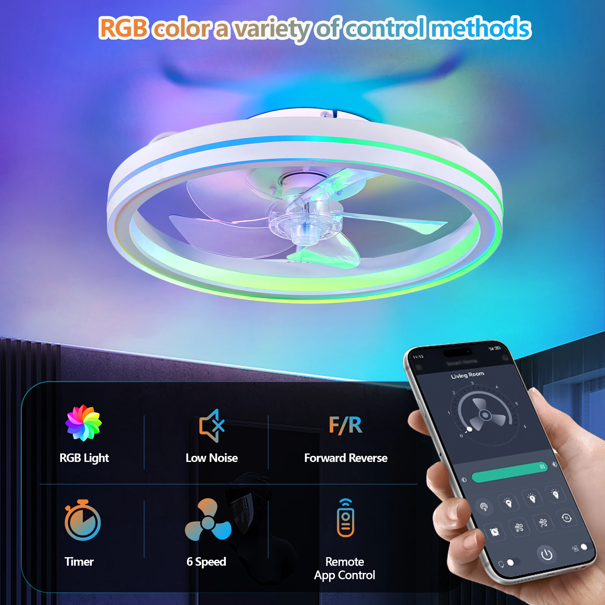 19-inch smart LED fan light (with RGB lighting), recessed installation, supports remote control and APP control (black or white)