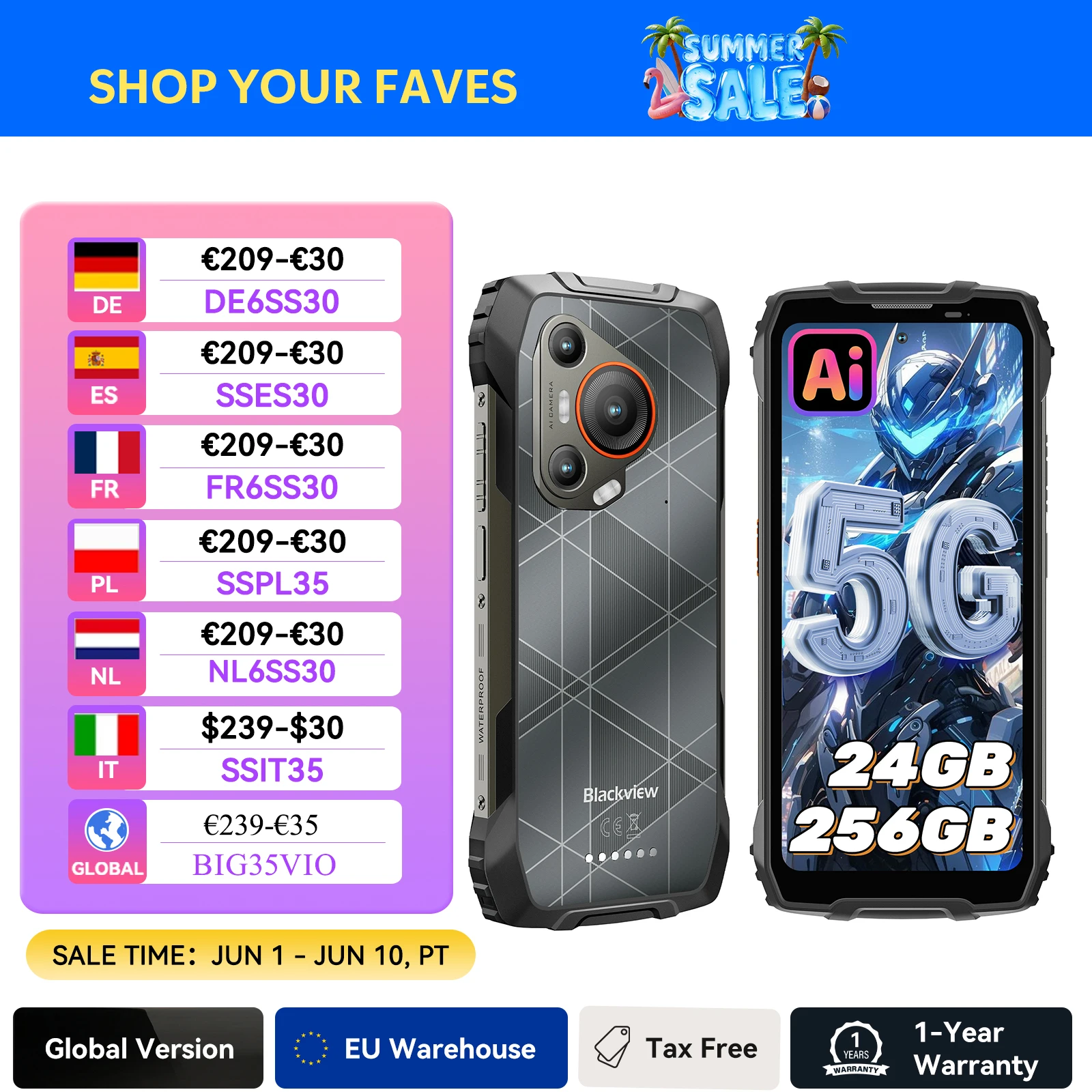 Blackview BL7000 AI 5G Teléfono robusto Android 15, MTK 6300, 6,78" FHD+ 120Hz, 7500mAh/33W, Smartphone robusto Doble SIM NFC/IP69K