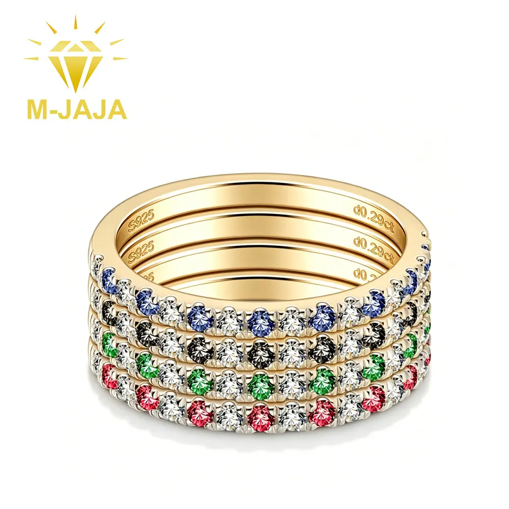 M-JAJA 4pcs Stackable Moissanite Birthstone Eternity Rings Set 925 Silver Sapphire Emerald Ruby Gemstone Wedding Band for Women
