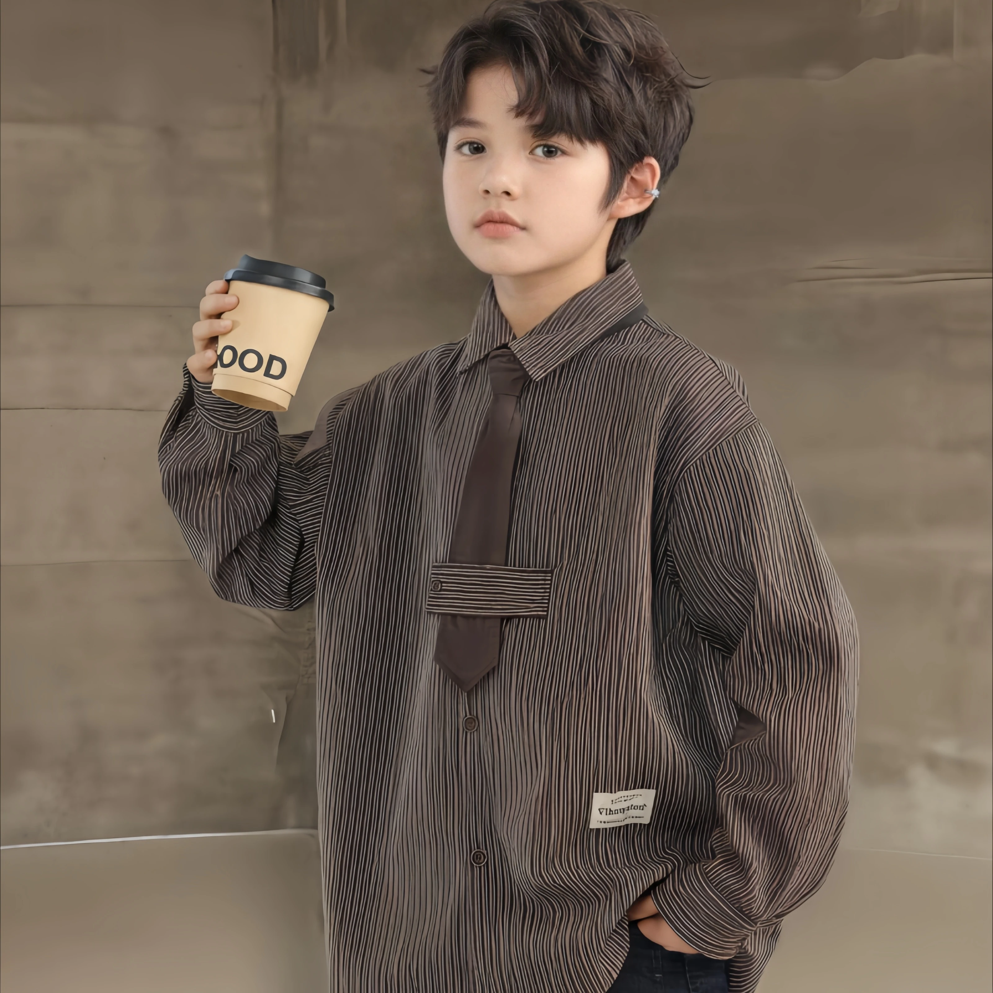 

Boys Korean Style Autumn Winter Casual Outfit Striped Button-Down Shirt，Long Sleeve Top with Lapel Collar
