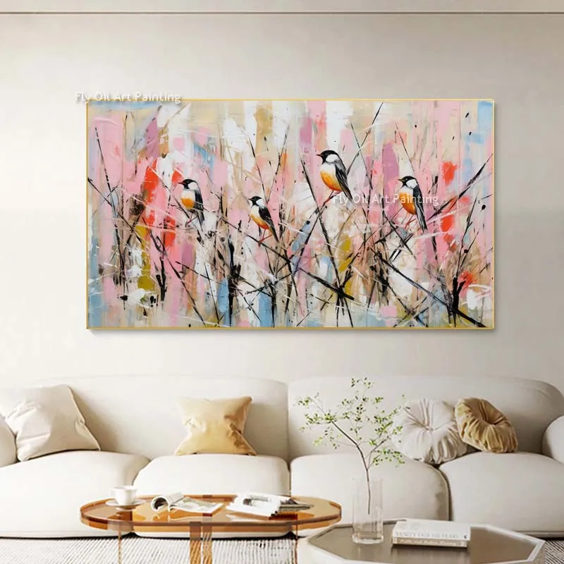 

Abstract Birds Oil Painting On Canvas Large Wall Art Hand Painted Original Branch Landscape Art Colorful Custom Painting Decor