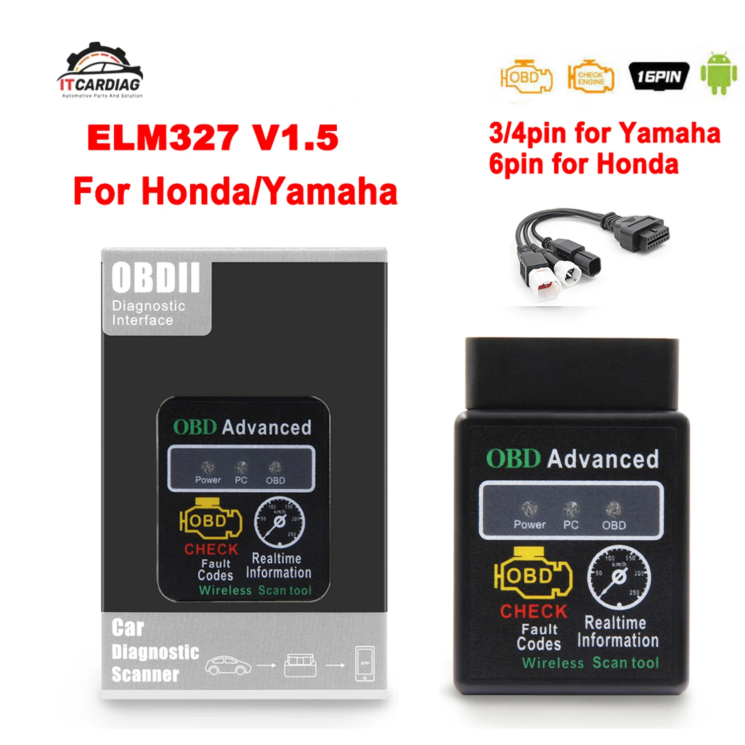 ELM327 Bluetooth with 3PIN To 16PIN Cable for Yamaha y15 for Honda Motorbike Motorcycle OBD2 ELM 327 Fault Code for Android