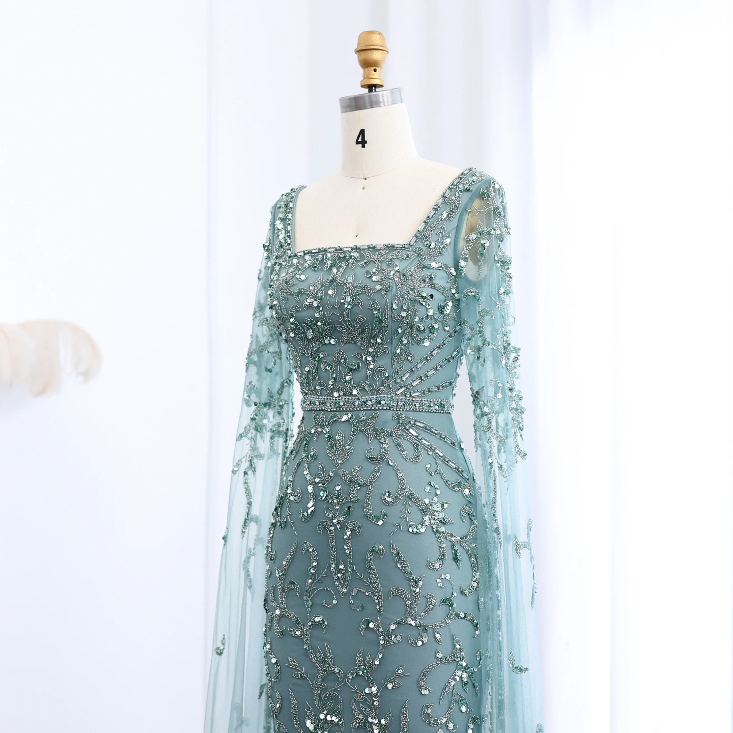 Sharon Said 2026 Luxuriöses Arabisches Türkisfarbenes Abendkleid mit Cape-Ärmeln, Quadratischem Ausschnitt, Arabian Nights Ballkleid SS469 Maßanfertigung – Detail 11