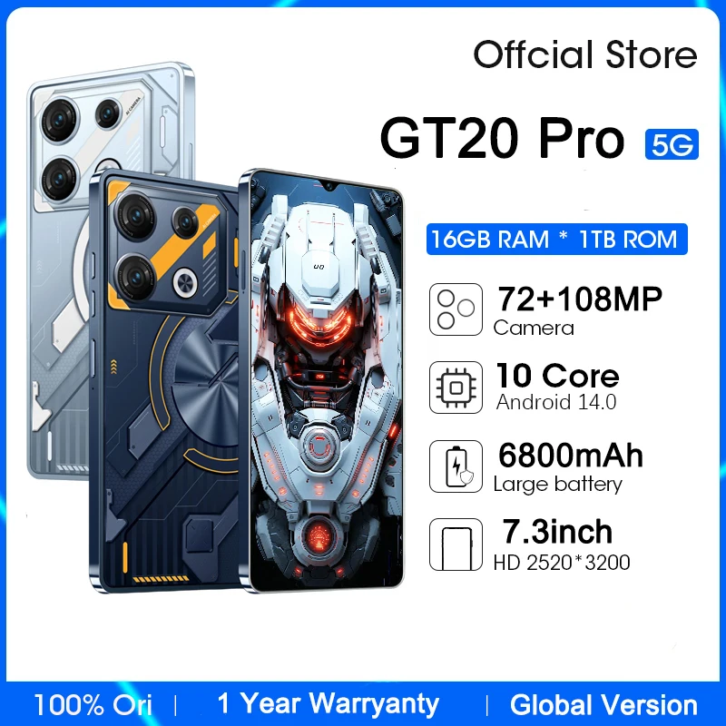 

Original Smartphone GT20 Pro Mobile Phones 7.3inch HD Cellphones 16GB+1TB 108MP Camera 7800mAh Dual Sim Face Unlocked New HOT P